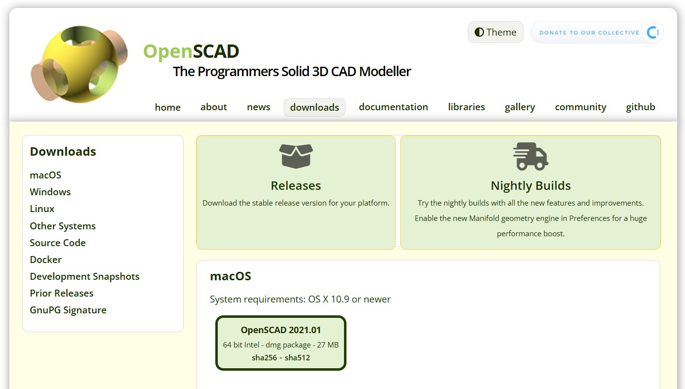 OpenSCAD downloads page showing macOS, Windows, and Linux sections