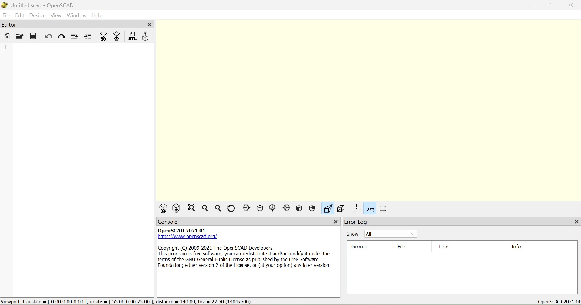 OpenSCAD's default window on first launch, showing the empty editor and console panes