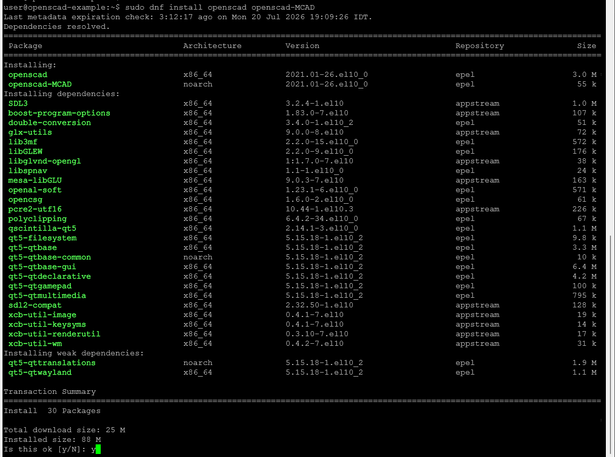 Terminal showing dnf installing OpenSCAD and the openscad-MCAD library together