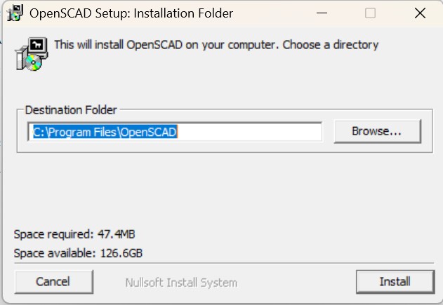 OpenSCAD Windows installer showing the destination folder step