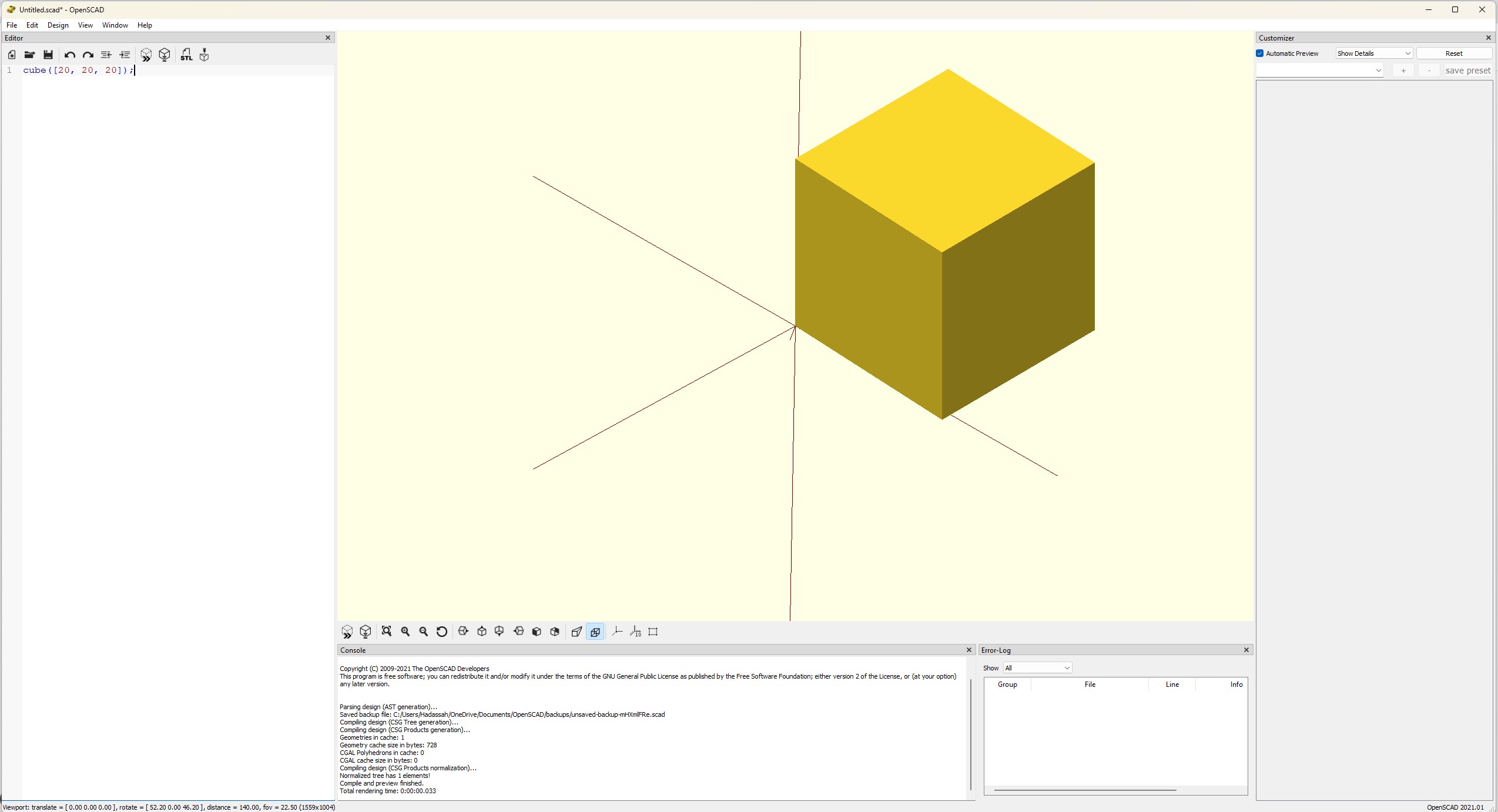 OpenSCAD's full window layout showing all five panes