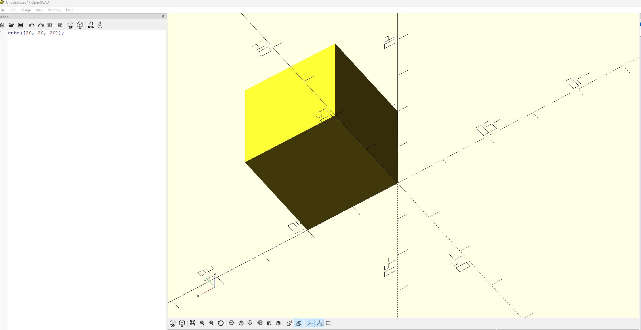 A 20mm cube rendered in the viewport after pressing F5