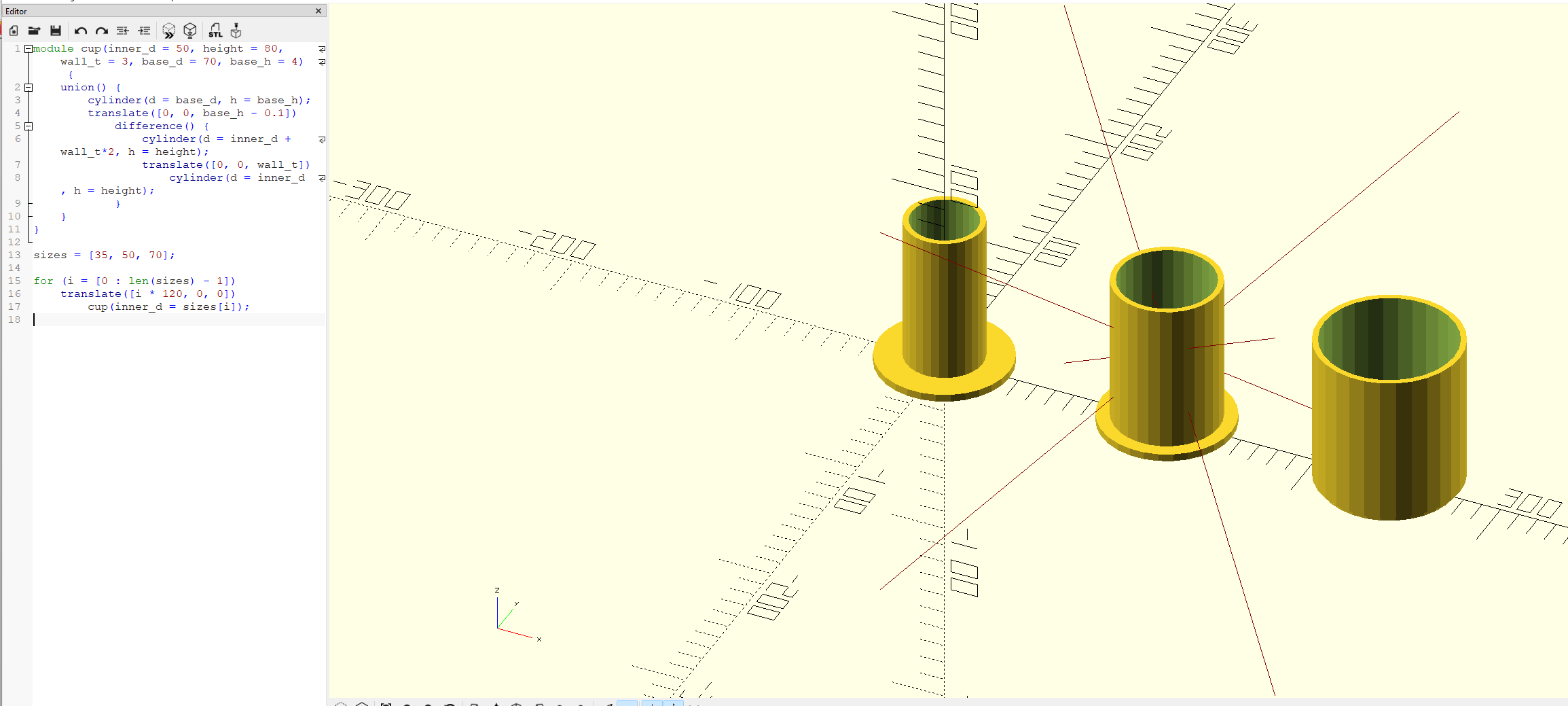 Three printed cups at 35mm, 50mm and 70mm -- the 70mm cup's base disappears under its own oversized body
