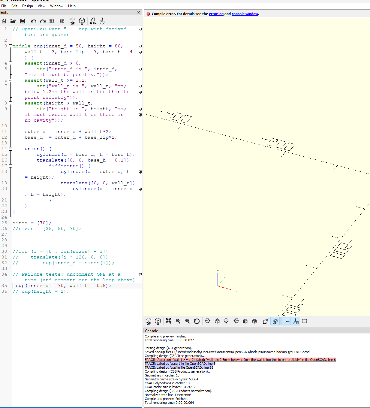 OpenSCAD console showing the assertion failure for wall_t at 0.5mm, with trace lines pointing to the call that caused it