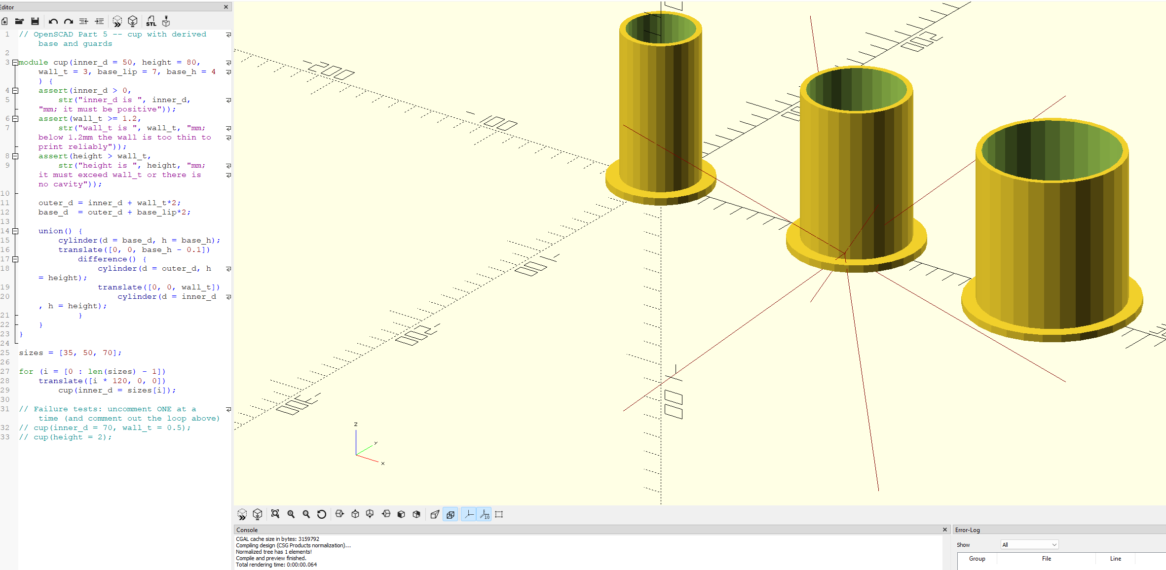 The same three cups at 35mm, 50mm and 70mm, each now sitting on a base that clears its body